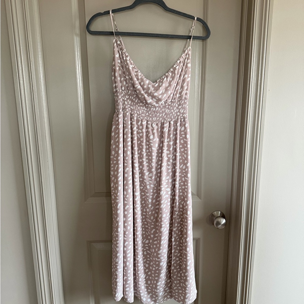 Kittenish Soft Pink Polka Dot Midi Dress